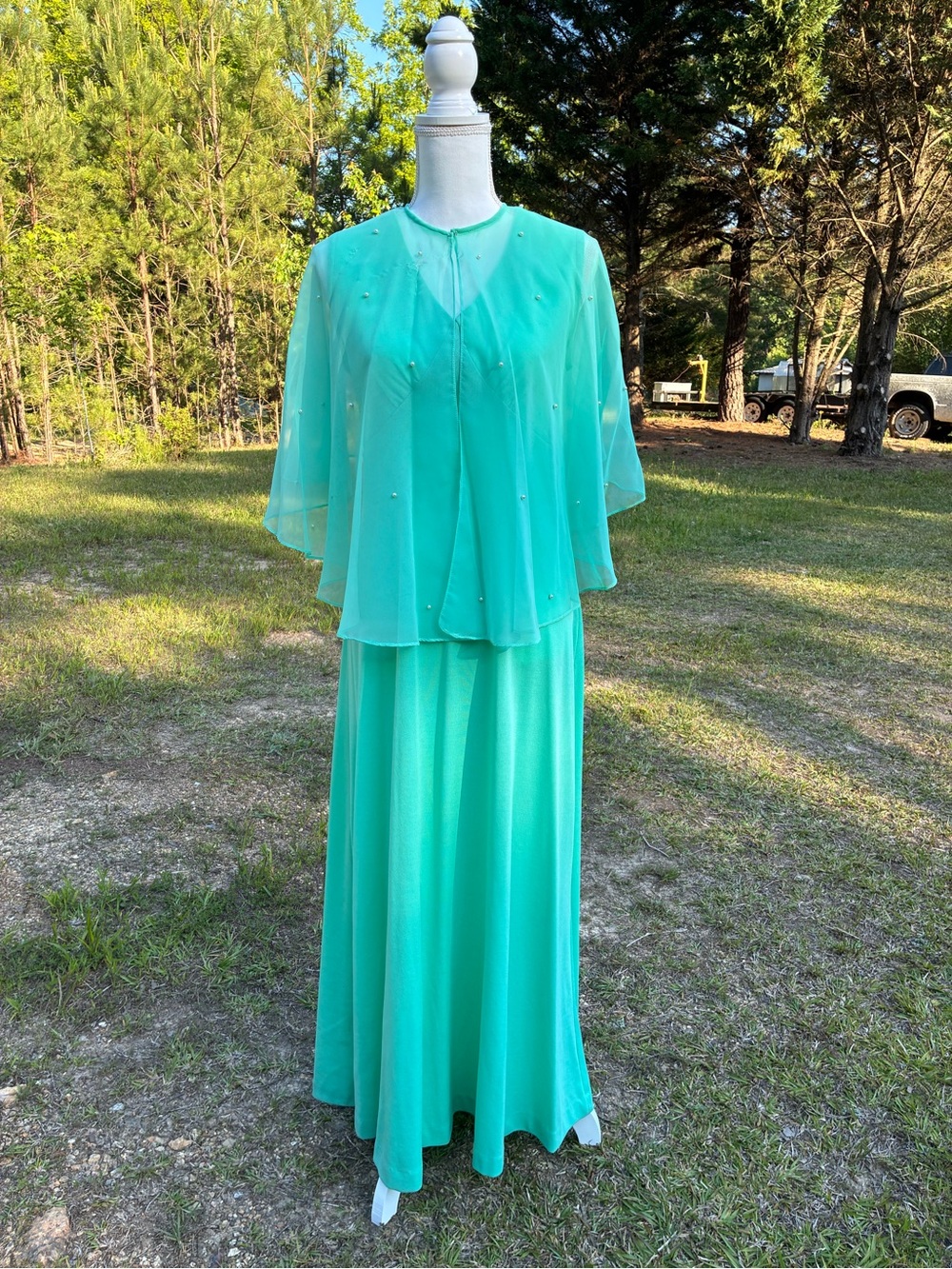Vintage 1970s Seafoam Green Hostess Gown w/ Pearl Cape Overlay